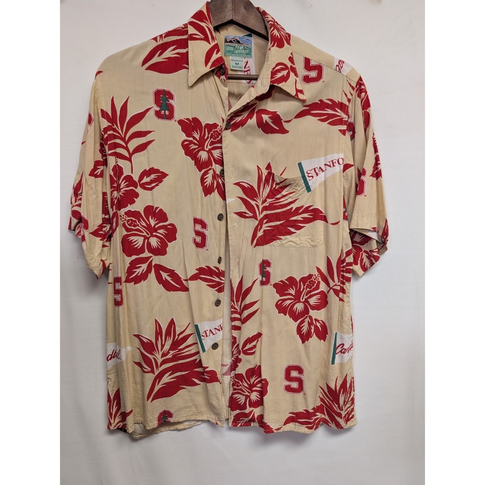 Vintage Reyn Spooner Stanford Cardinals Ivory Rayon Men's Shirt Sz Med‎